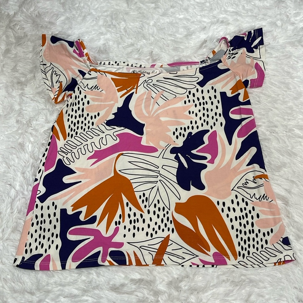 Fighting Eel Floral Cold-Shoulder Top in Cream, Navy, Pink & Rust